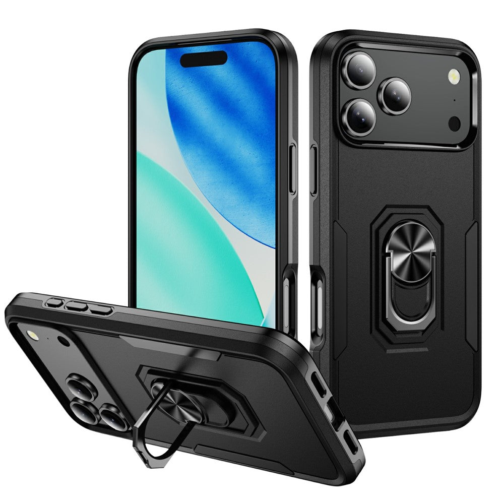 For iPhone 17 Pro Max Case Military Grade Ring Kickstand PC + TPU Phone Cover - Black