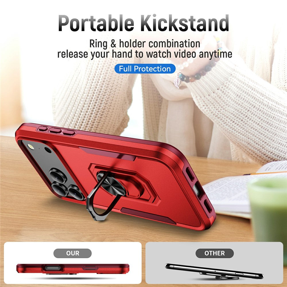 For iPhone 17 Pro Max Case Military Grade Ring Kickstand PC + TPU Phone Cover - Red + Rose