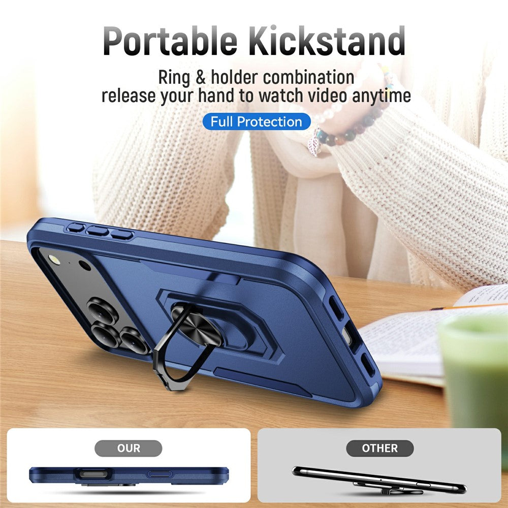 For iPhone 17 Pro Max Case Military Grade Ring Kickstand PC + TPU Phone Cover - Blue