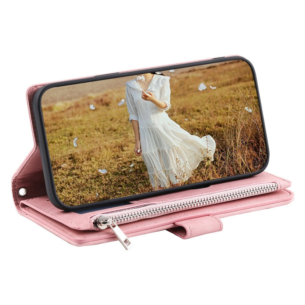 For iPhone 17 Pro Max Wallet Case Rhombus Stitching Line PU Leather Phone Cover with Wrist Strap - Rose Gold