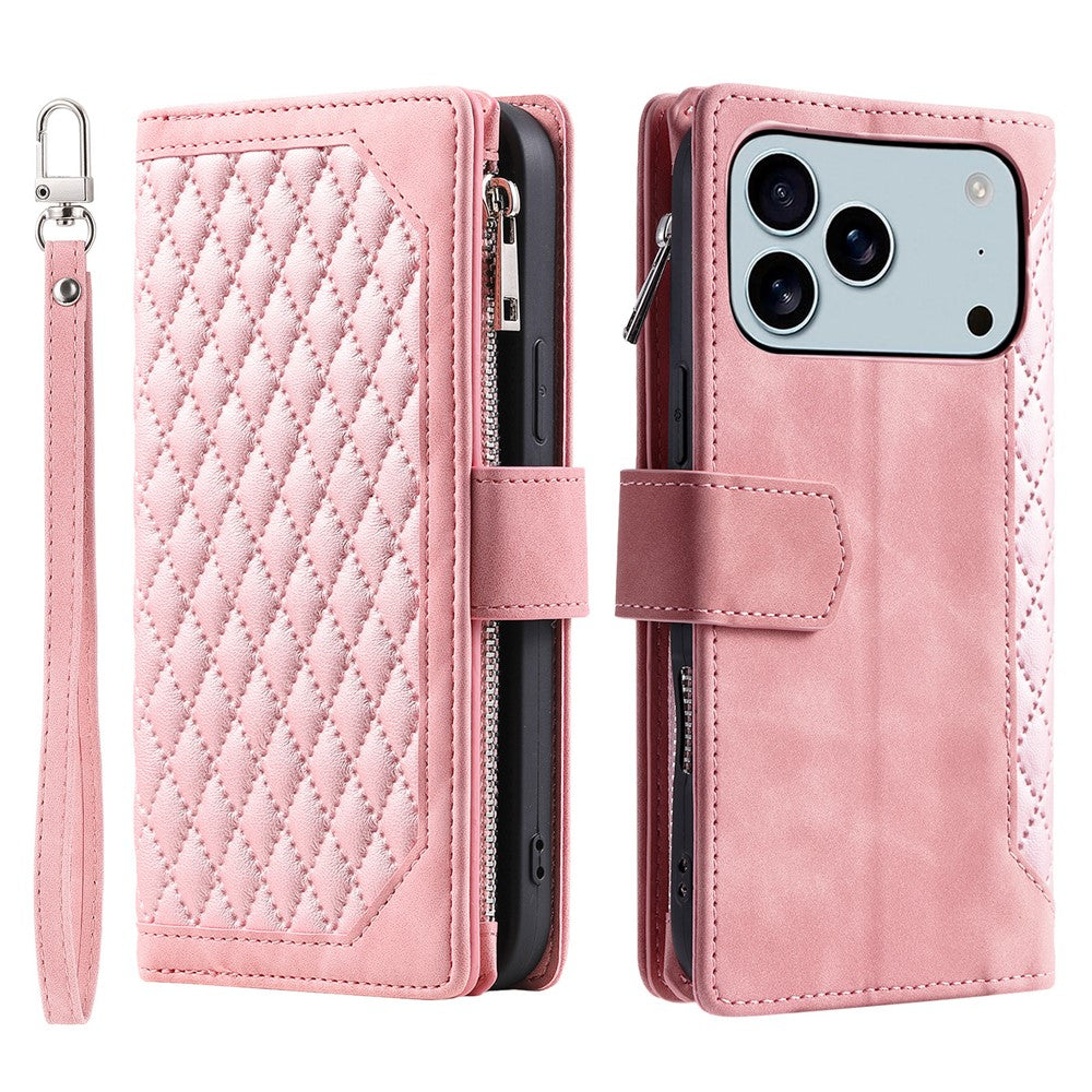 For iPhone 17 Pro Max Wallet Case Rhombus Stitching Line PU Leather Phone Cover with Wrist Strap - Rose Gold