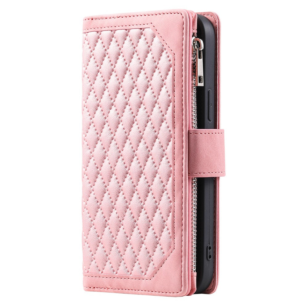 For iPhone 17 Pro Max Wallet Case Rhombus Stitching Line PU Leather Phone Cover with Wrist Strap - Rose Gold