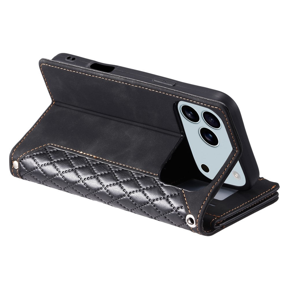 For iPhone 17 Pro Max Wallet Case Rhombus Stitching Line PU Leather Phone Cover with Wrist Strap - Black