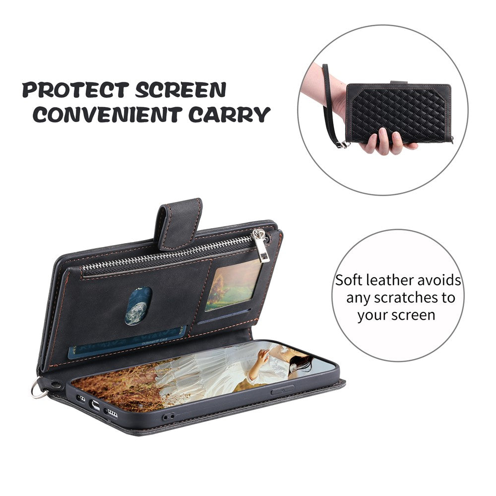 For iPhone 17 Pro Max Wallet Case Rhombus Stitching Line PU Leather Phone Cover with Wrist Strap - Black