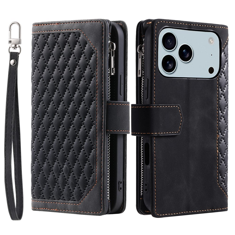 For iPhone 17 Pro Max Wallet Case Rhombus Stitching Line PU Leather Phone Cover with Wrist Strap - Black