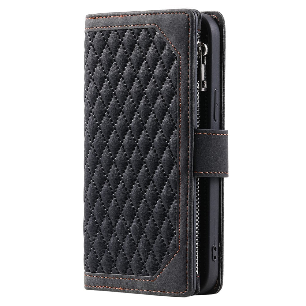 For iPhone 17 Pro Max Wallet Case Rhombus Stitching Line PU Leather Phone Cover with Wrist Strap - Black