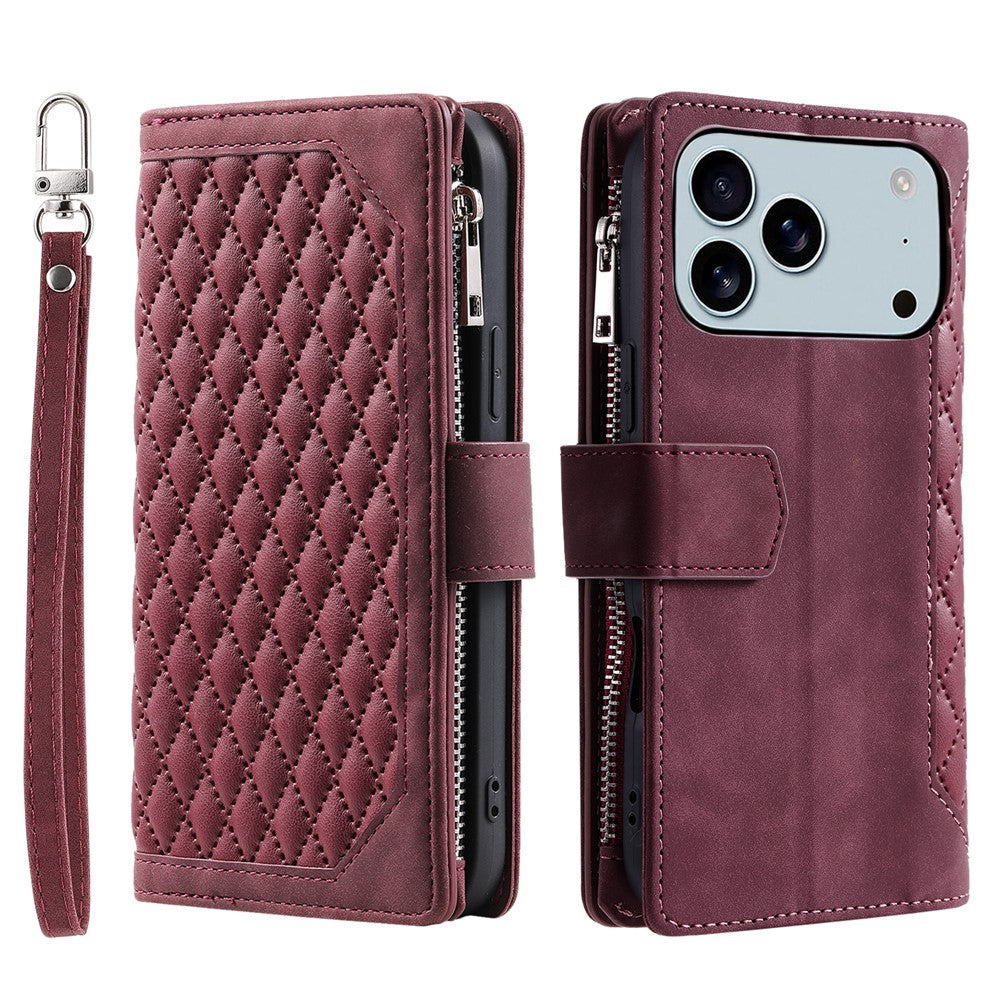 For iPhone 17 Pro Max Wallet Case Rhombus Stitching Line PU Leather Phone Cover with Wrist Strap - Wine Red