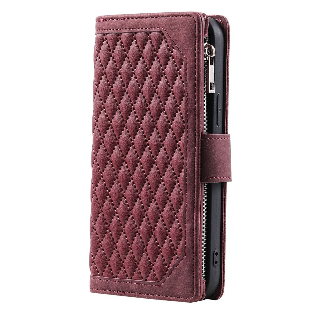 For iPhone 17 Pro Max Wallet Case Rhombus Stitching Line PU Leather Phone Cover with Wrist Strap - Wine Red