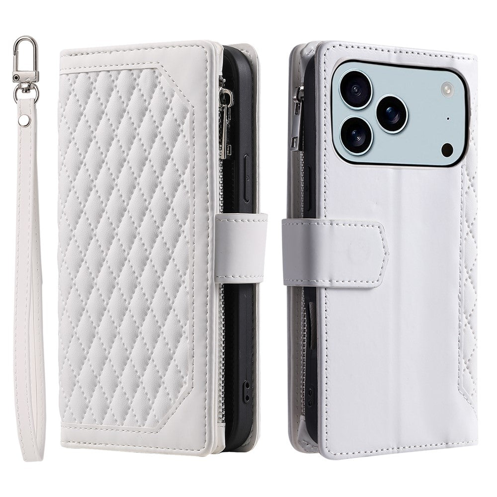 For iPhone 17 Pro Max Wallet Case Rhombus Stitching Line PU Leather Phone Cover with Wrist Strap - White