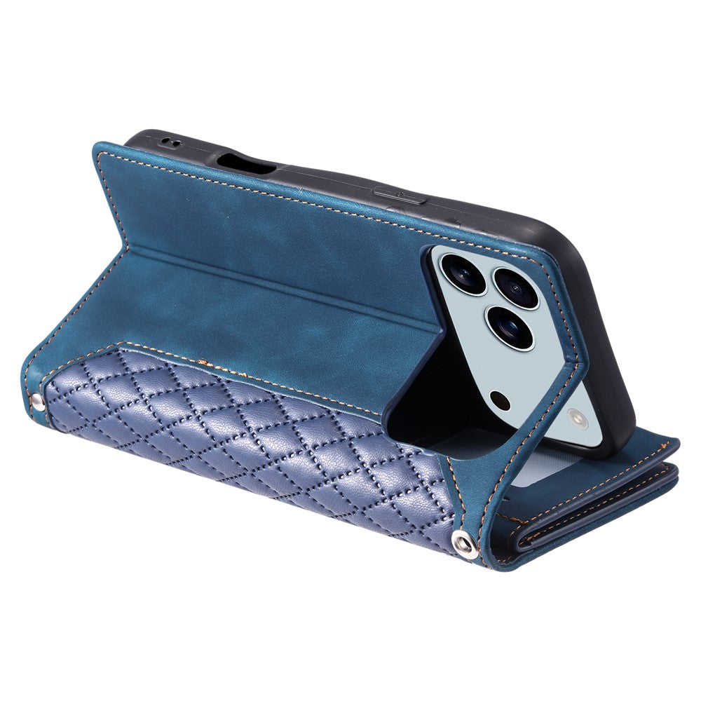 For iPhone 17 Pro Max Wallet Case Rhombus Stitching Line PU Leather Phone Cover with Wrist Strap - Blue