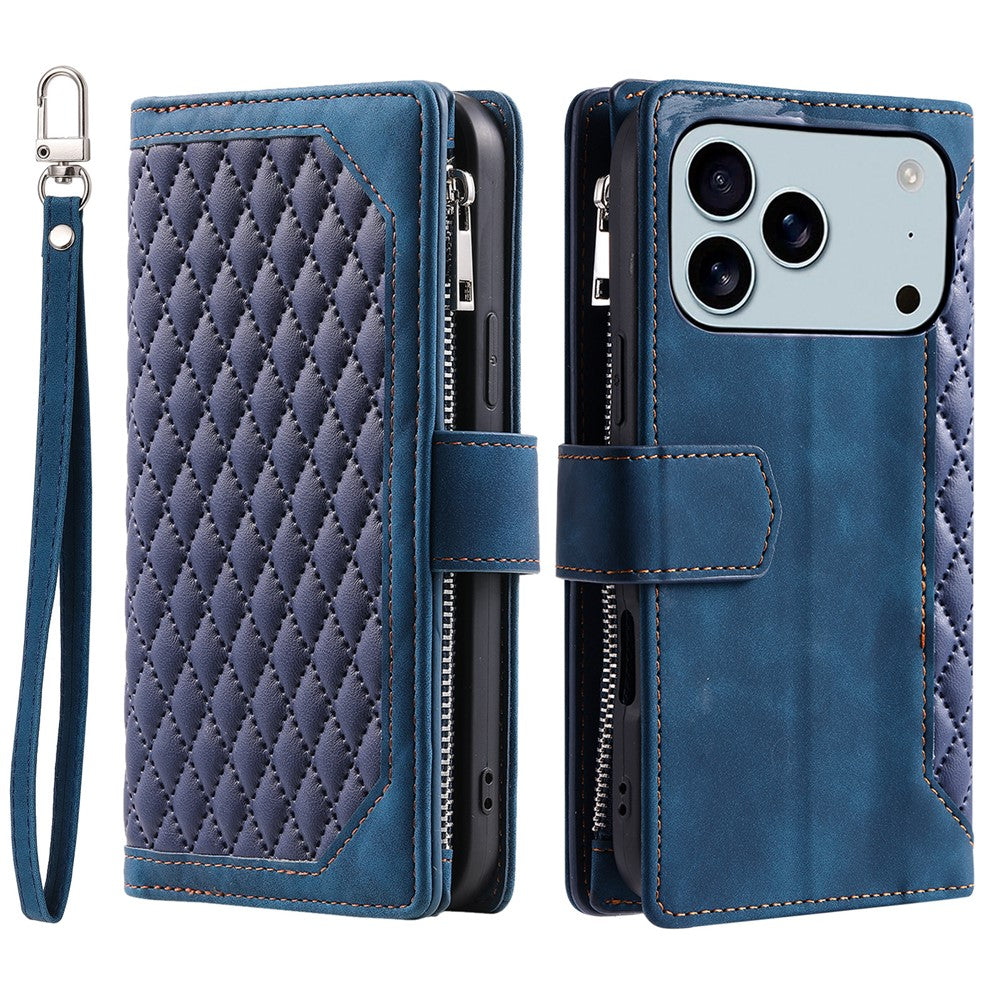 For iPhone 17 Pro Max Wallet Case Rhombus Stitching Line PU Leather Phone Cover with Wrist Strap - Blue