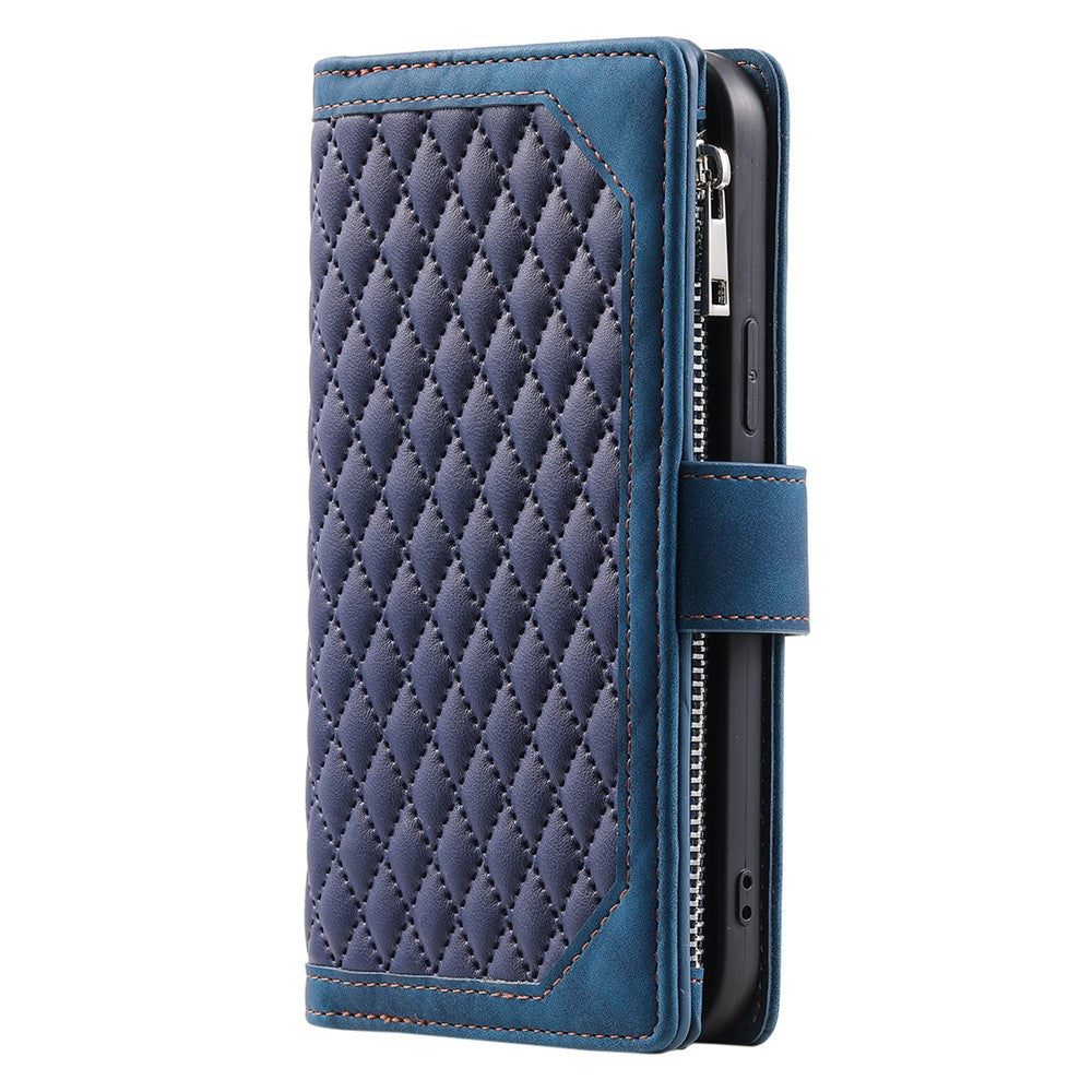 For iPhone 17 Pro Max Wallet Case Rhombus Stitching Line PU Leather Phone Cover with Wrist Strap - Blue