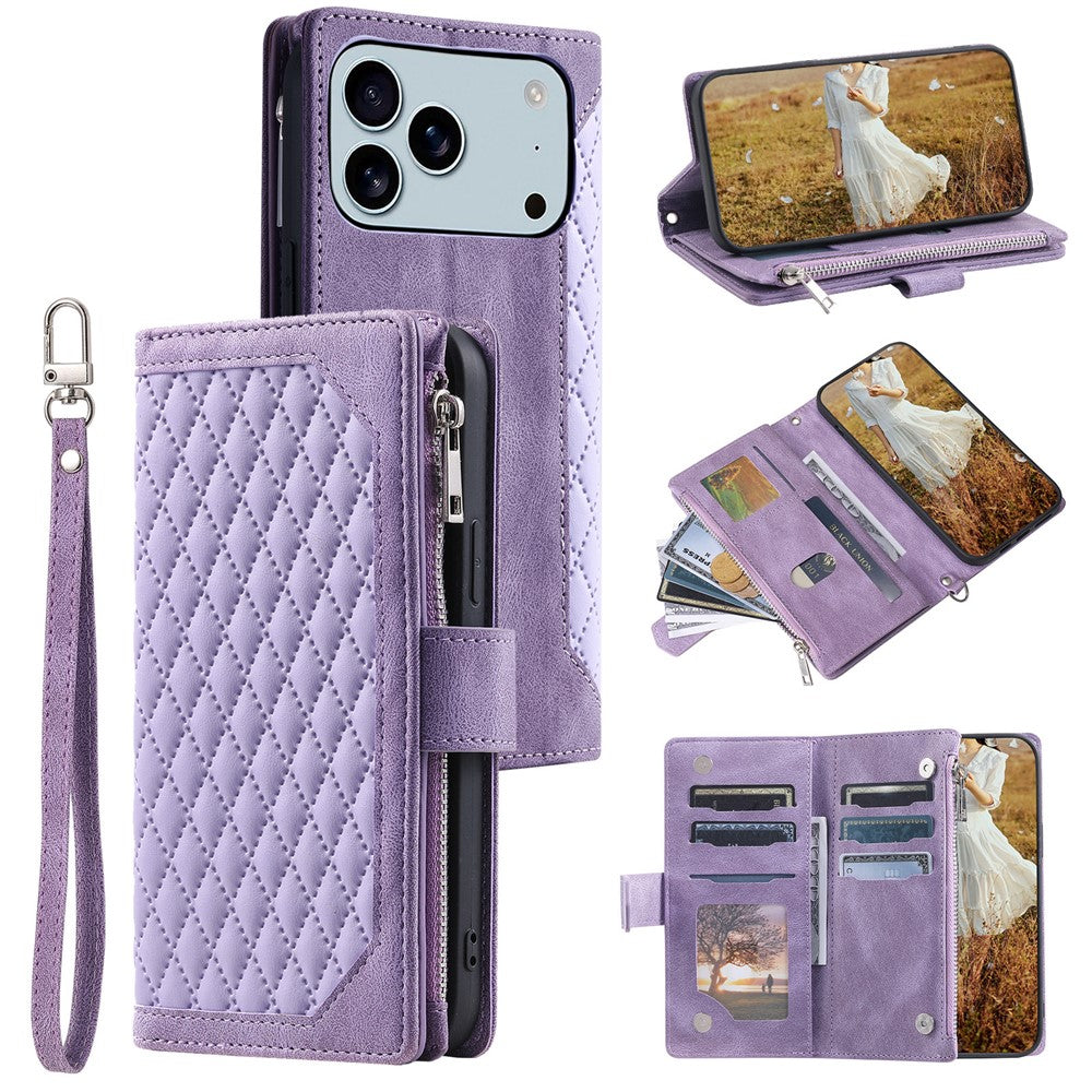 For iPhone 17 Pro Max Wallet Case Rhombus Stitching Line PU Leather Phone Cover with Wrist Strap - Purple