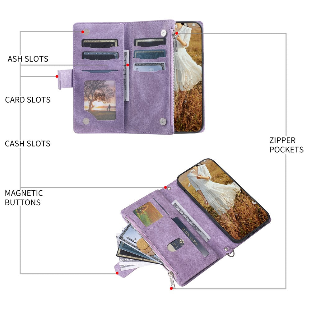 For iPhone 17 Pro Max Wallet Case Rhombus Stitching Line PU Leather Phone Cover with Wrist Strap - Purple