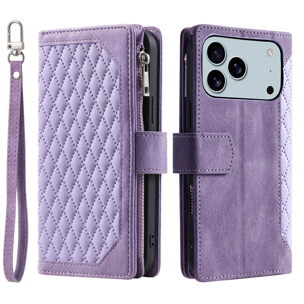 For iPhone 17 Pro Max Wallet Case Rhombus Stitching Line PU Leather Phone Cover with Wrist Strap - Purple
