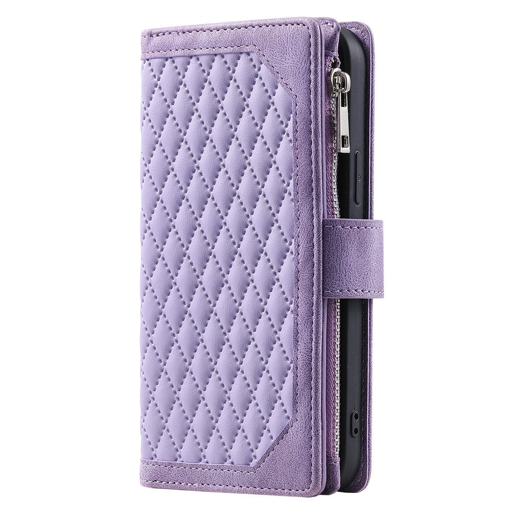 For iPhone 17 Pro Max Wallet Case Rhombus Stitching Line PU Leather Phone Cover with Wrist Strap - Purple