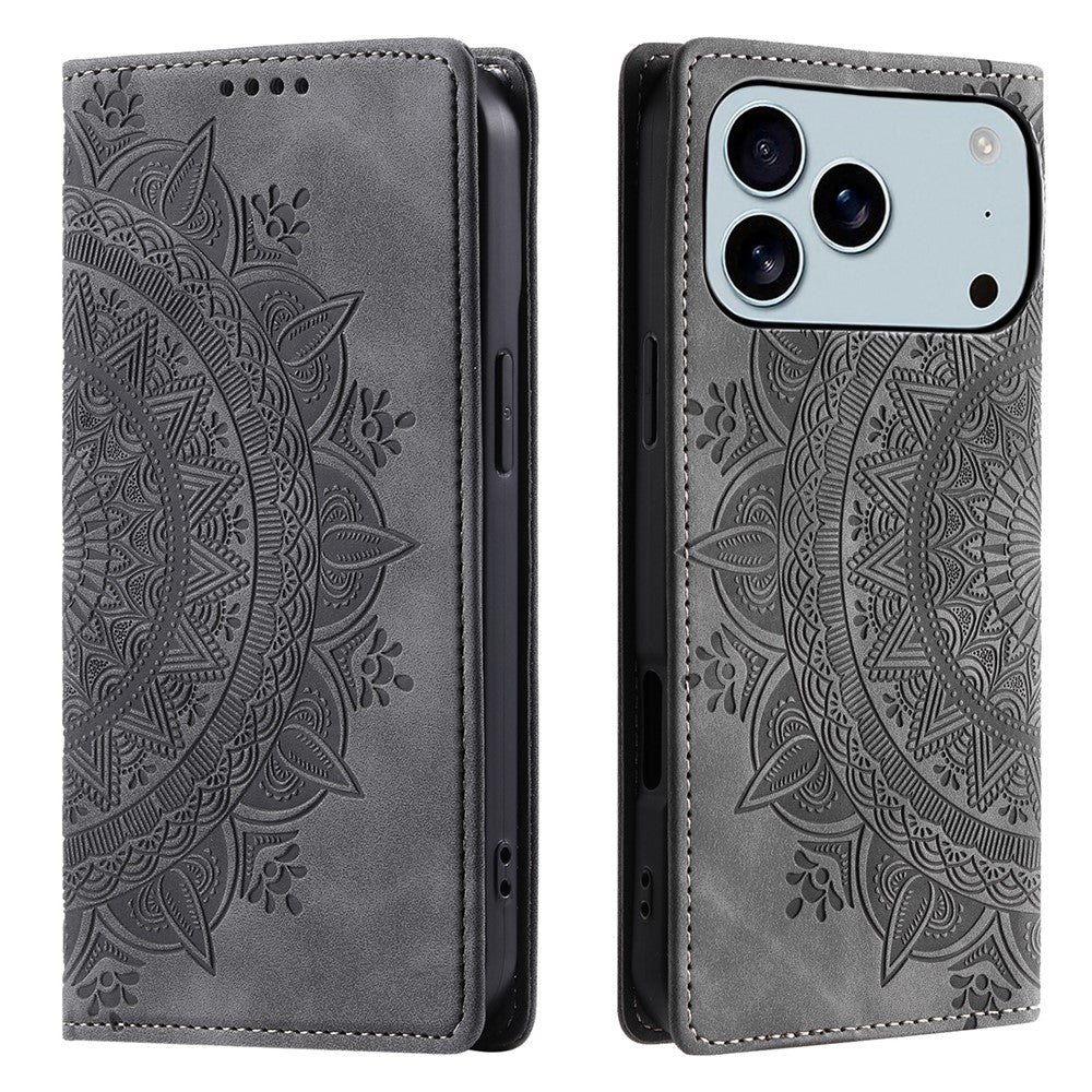 For iPhone 17 Pro Max Case Magnetic Closing Leather Phone Cover Pattern Imprinted - Grey