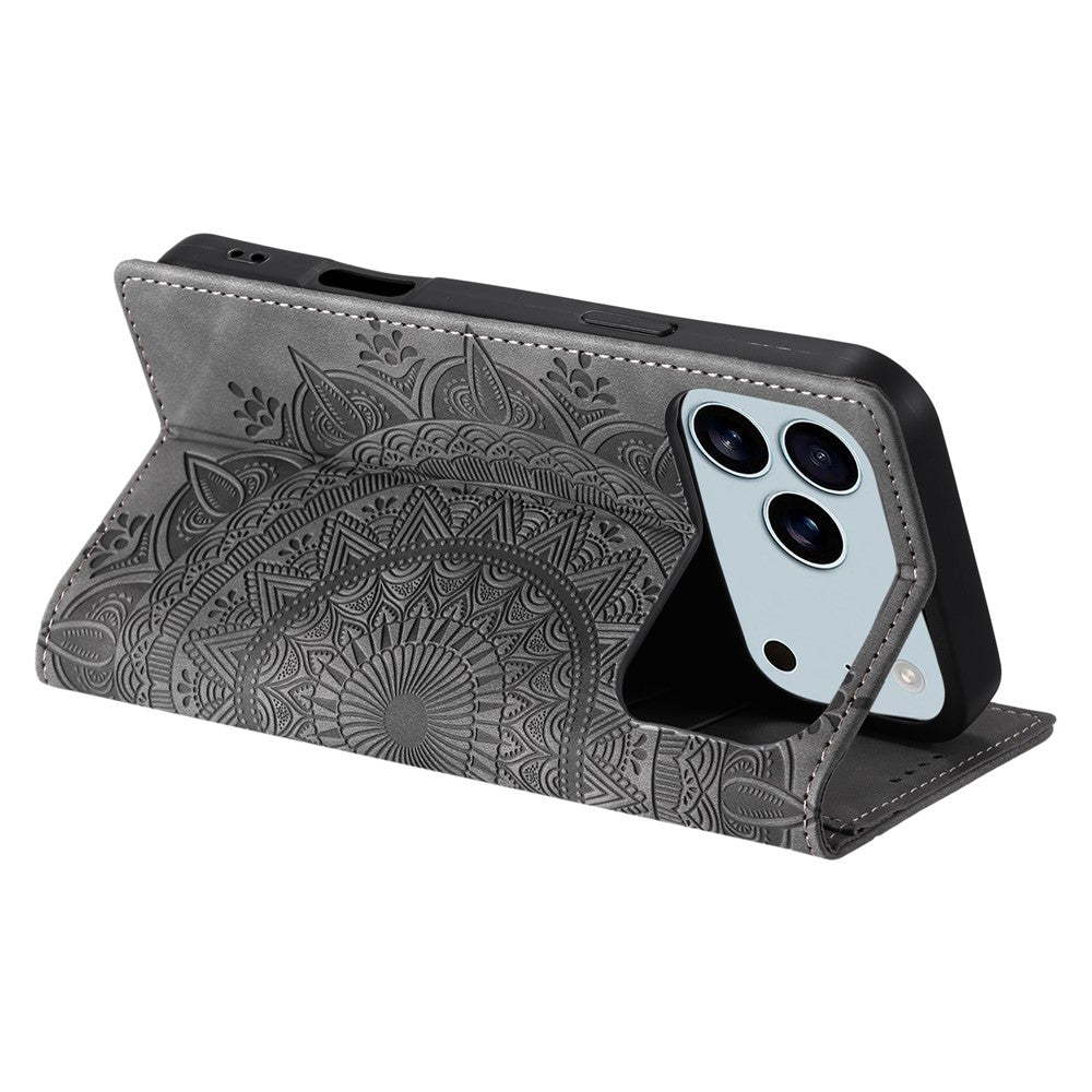 For iPhone 17 Pro Max Case Magnetic Closing Leather Phone Cover Pattern Imprinted - Grey