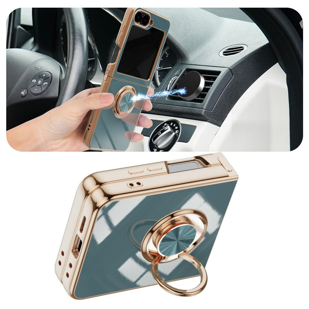 For Samsung Galaxy Z Flip7 5G Case Precise Cutouts 6D Electroplating TPU Phone Cover with Ring Holder - Grey