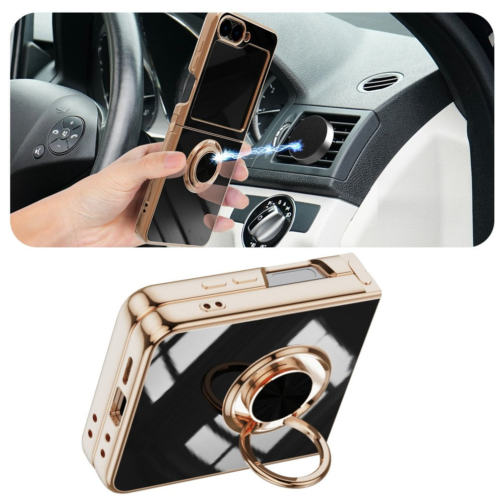 For Samsung Galaxy Z Flip7 5G Case Precise Cutouts 6D Electroplating TPU Phone Cover with Ring Holder - Black