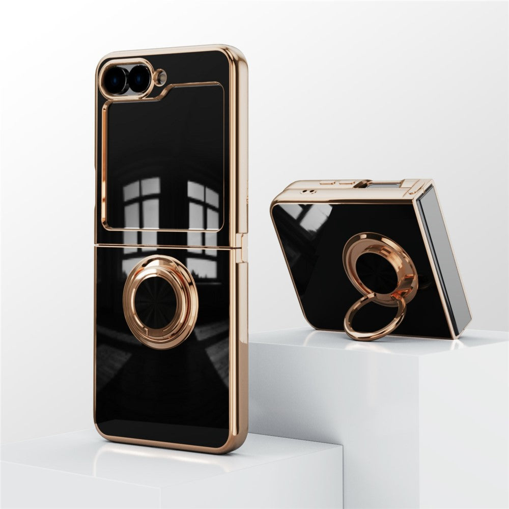 For Samsung Galaxy Z Flip7 5G Case Precise Cutouts 6D Electroplating TPU Phone Cover with Ring Holder - Black