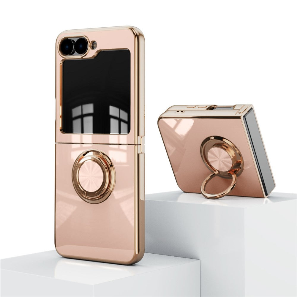 For Samsung Galaxy Z Flip7 5G Case Precise Cutouts 6D Electroplating TPU Phone Cover with Ring Holder - Pink