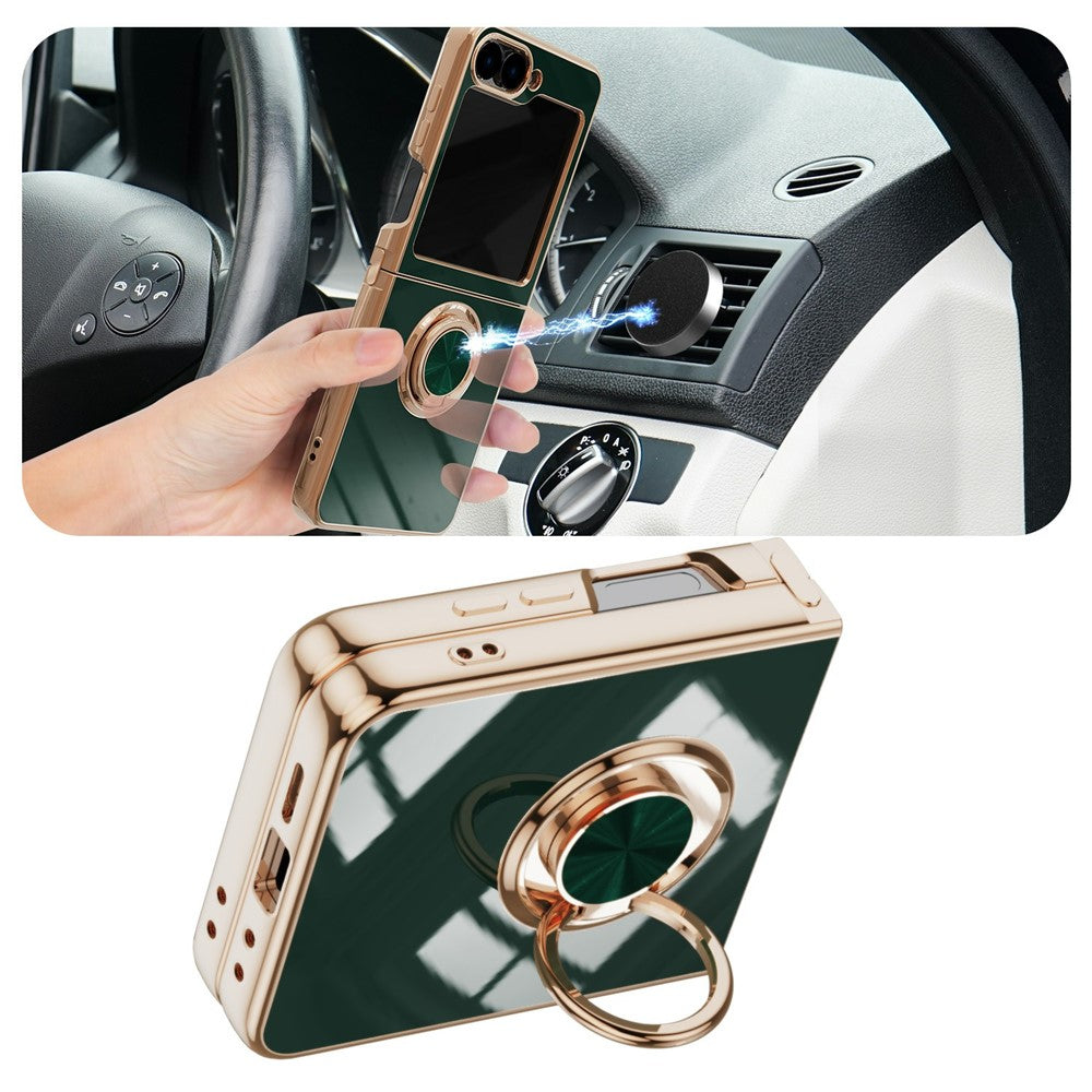 For Samsung Galaxy Z Flip7 5G Case Precise Cutouts 6D Electroplating TPU Phone Cover with Ring Holder - Midnight Green