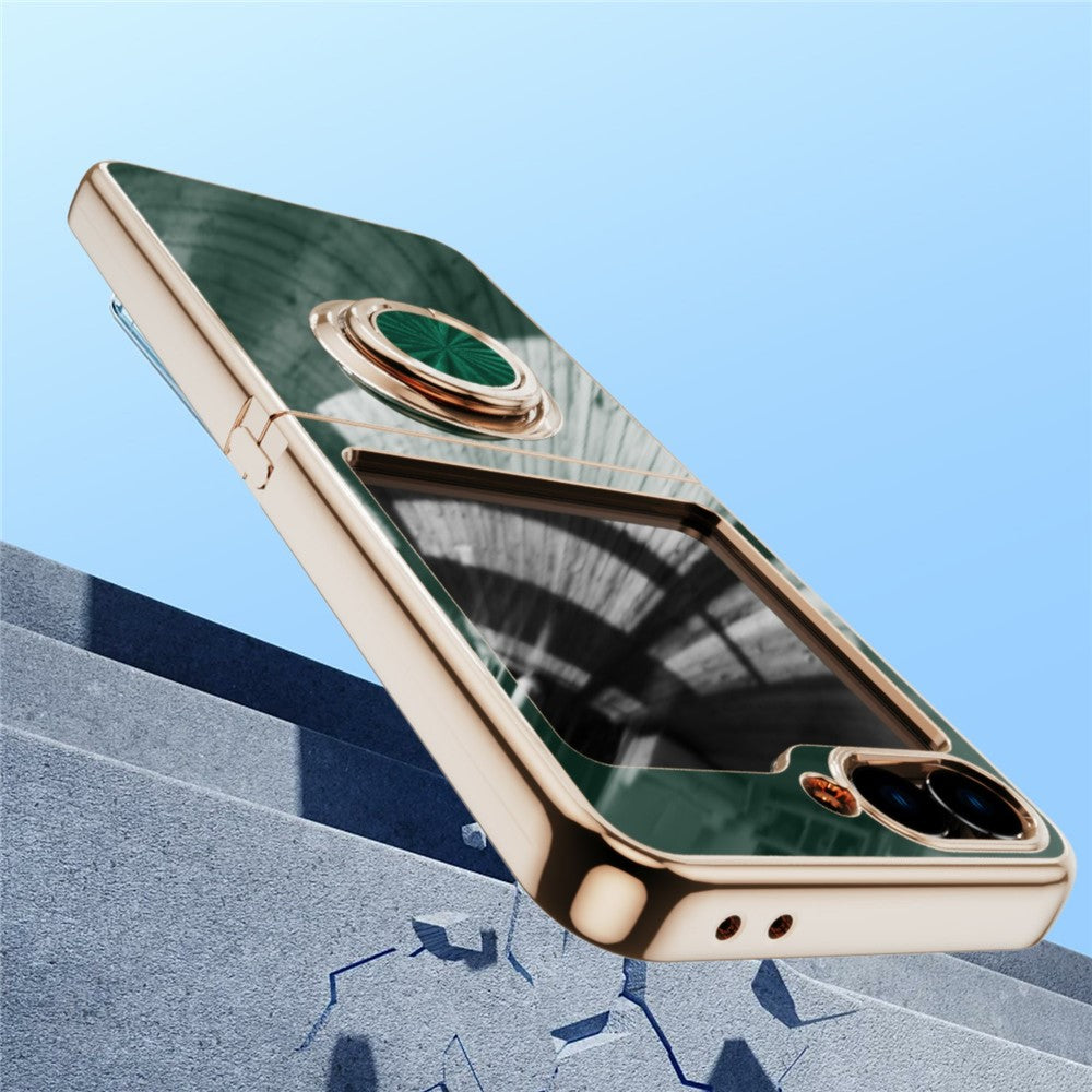 For Samsung Galaxy Z Flip7 5G Case Precise Cutouts 6D Electroplating TPU Phone Cover with Ring Holder - Midnight Green