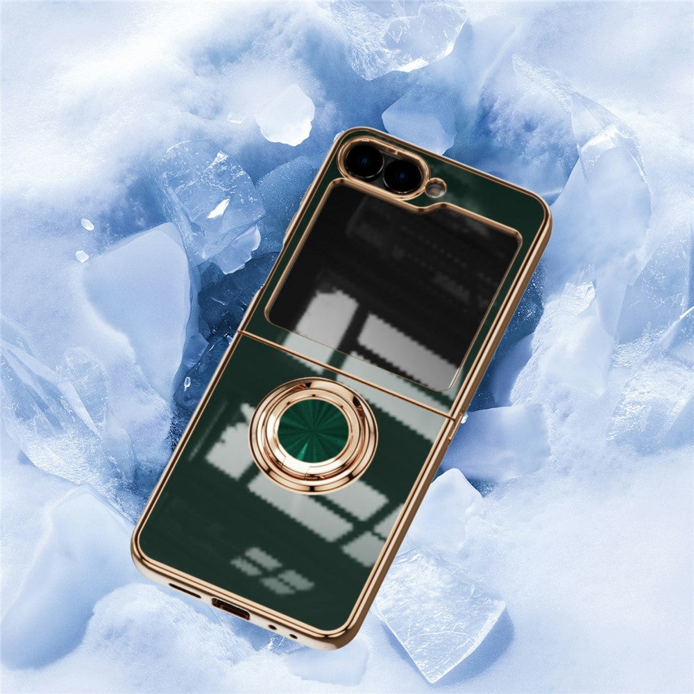 For Samsung Galaxy Z Flip7 5G Case Precise Cutouts 6D Electroplating TPU Phone Cover with Ring Holder - Midnight Green