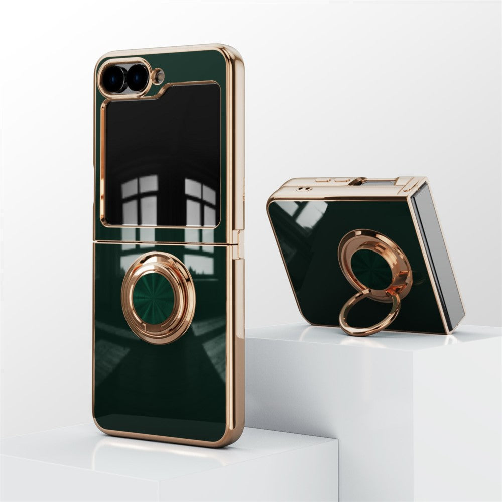 For Samsung Galaxy Z Flip7 5G Case Precise Cutouts 6D Electroplating TPU Phone Cover with Ring Holder - Midnight Green