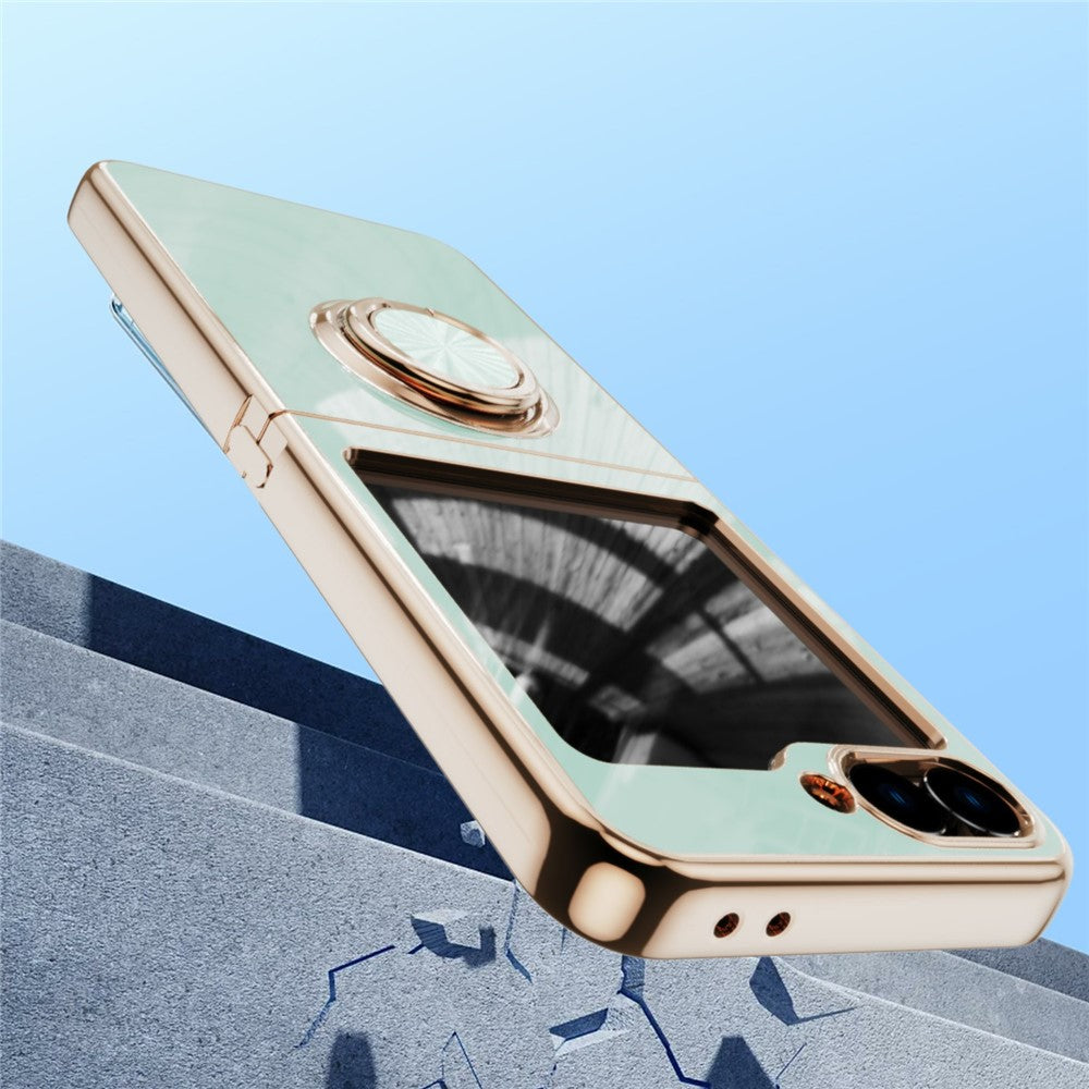 For Samsung Galaxy Z Flip7 5G Case Precise Cutouts 6D Electroplating TPU Phone Cover with Ring Holder - Light Cyan