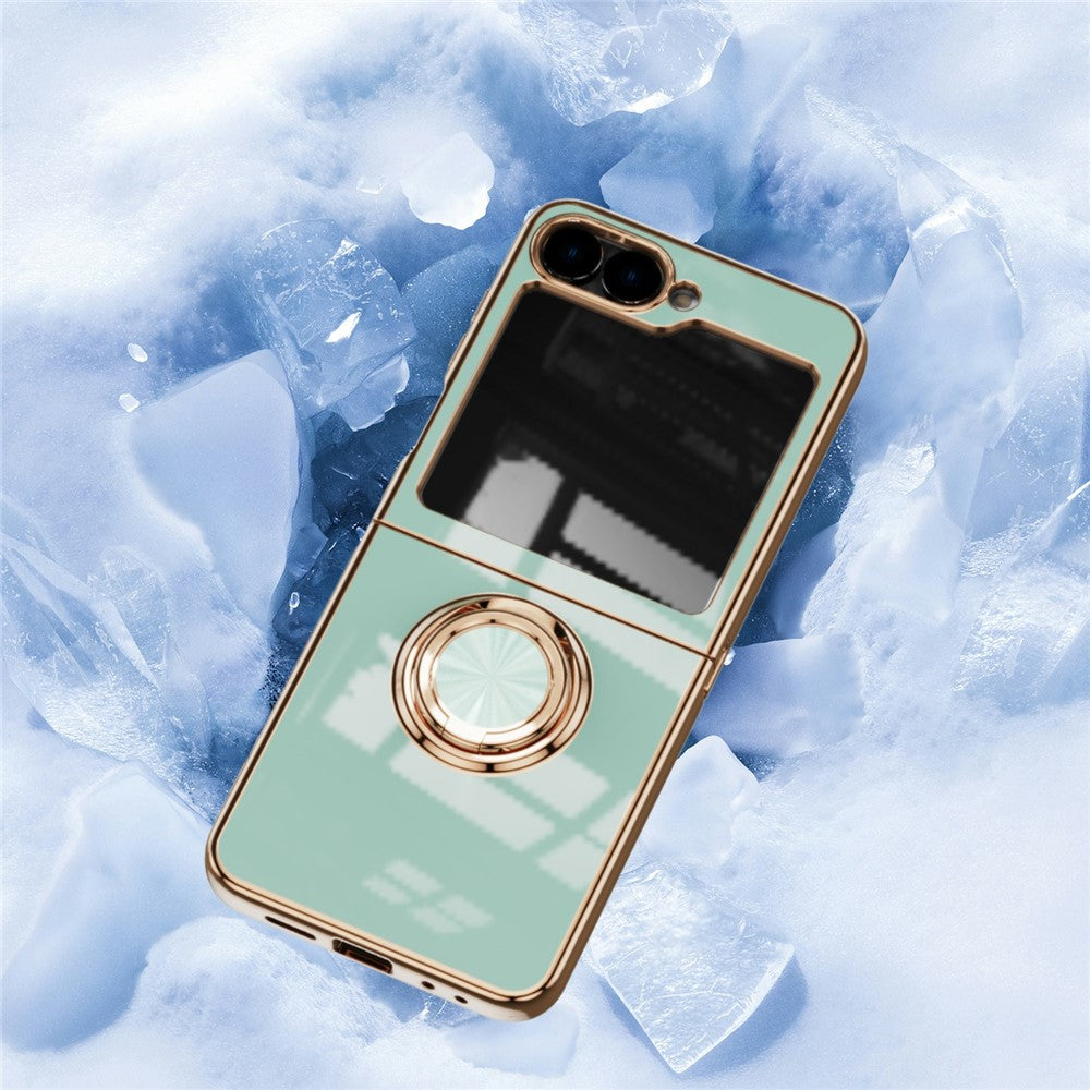 For Samsung Galaxy Z Flip7 5G Case Precise Cutouts 6D Electroplating TPU Phone Cover with Ring Holder - Light Cyan