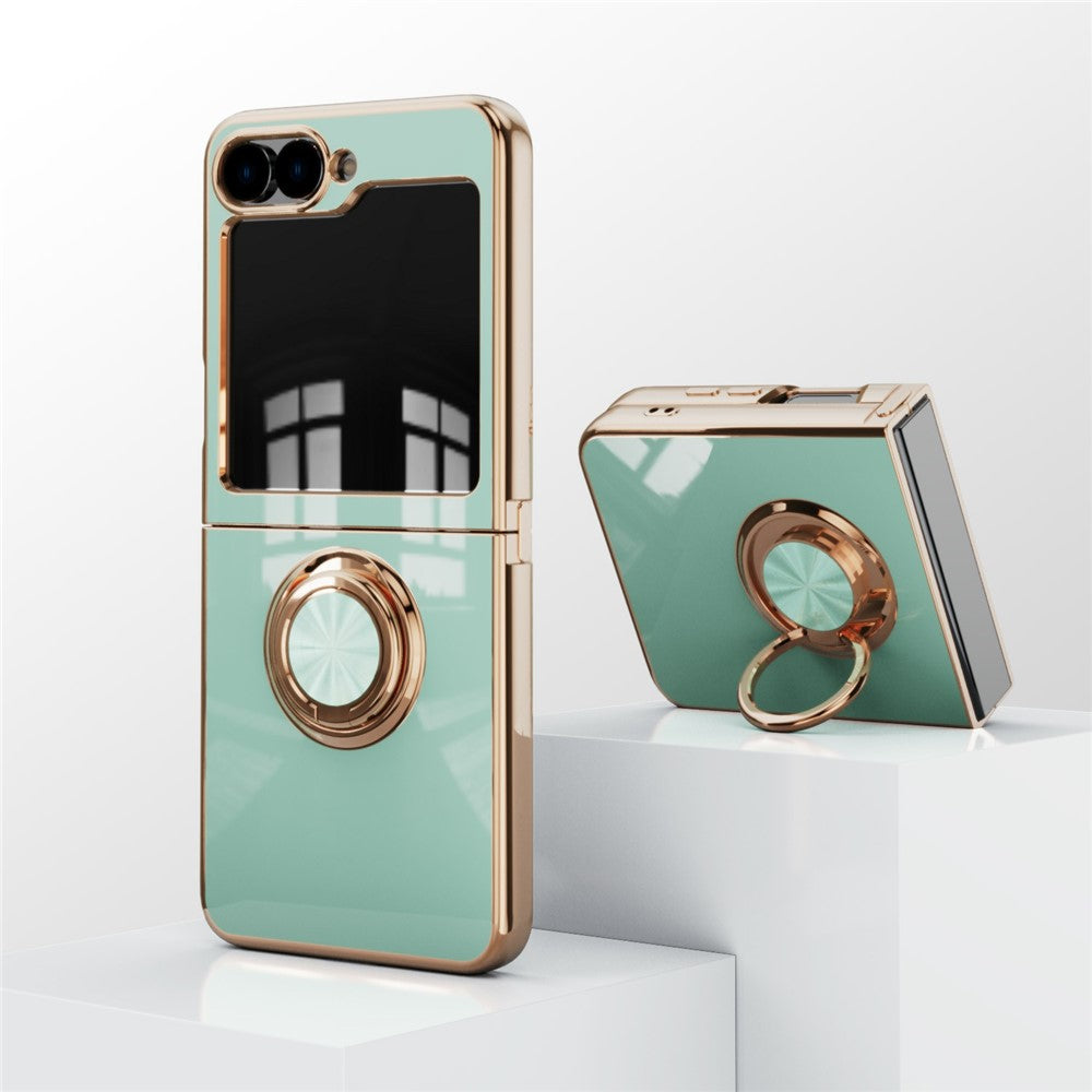 For Samsung Galaxy Z Flip7 5G Case Precise Cutouts 6D Electroplating TPU Phone Cover with Ring Holder - Light Cyan