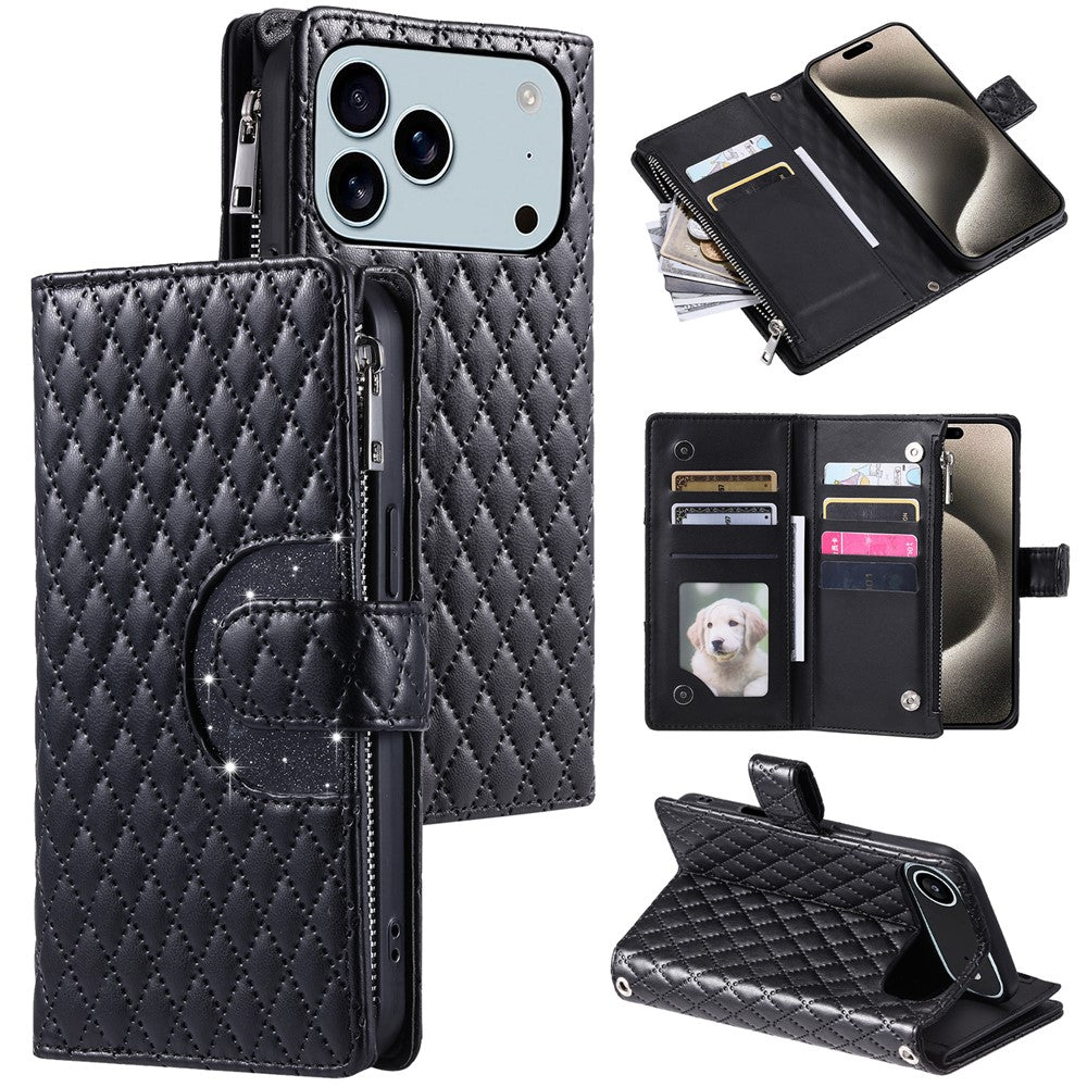 For iPhone 17 Pro Max Case Zipper Pocket Glitter Leather Phone Cover with Wrist Strap - Black