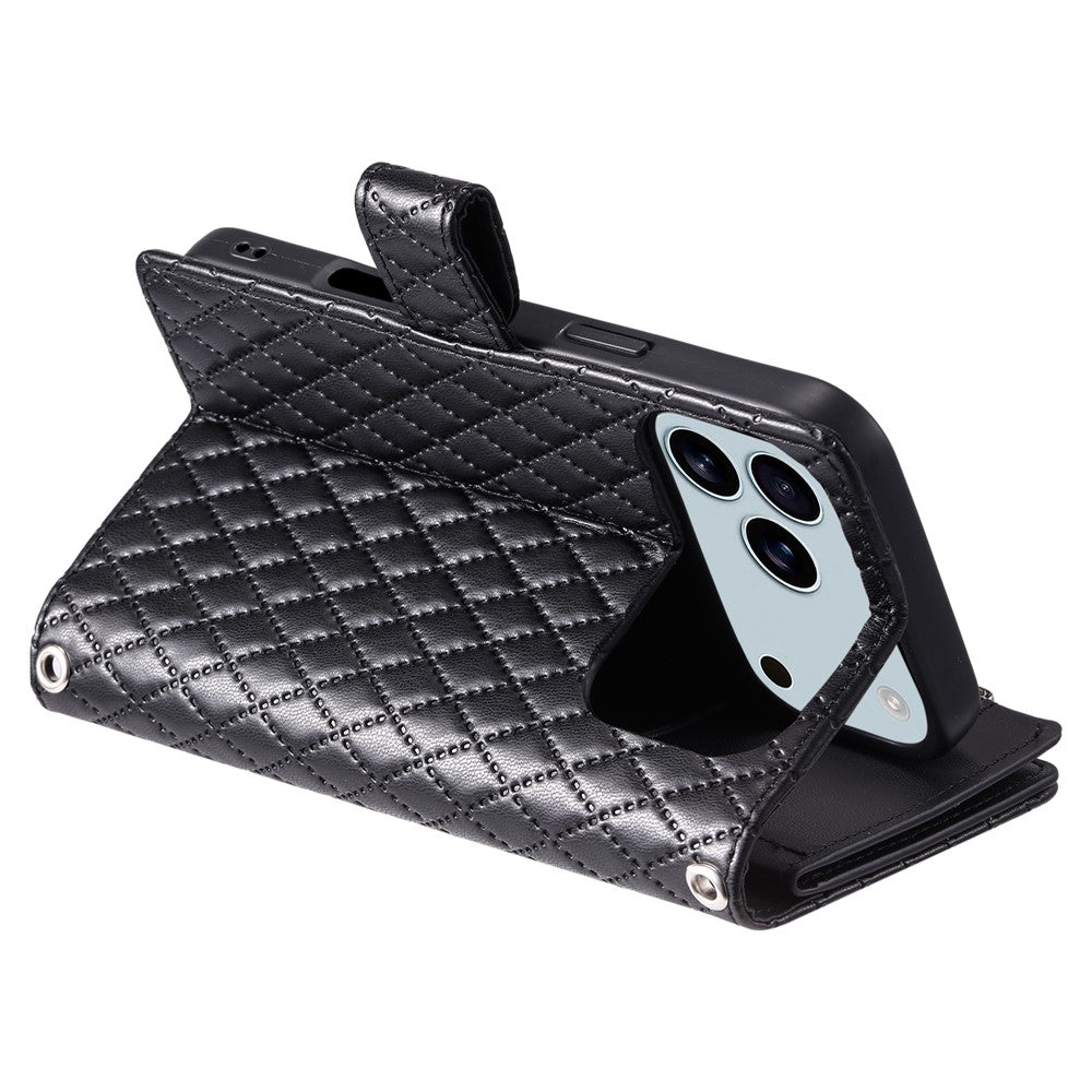 For iPhone 17 Pro Max Case Zipper Pocket Glitter Leather Phone Cover with Wrist Strap - Black