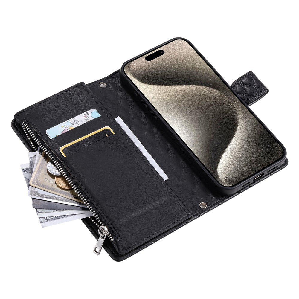 For iPhone 17 Pro Max Case Zipper Pocket Glitter Leather Phone Cover with Wrist Strap - Black