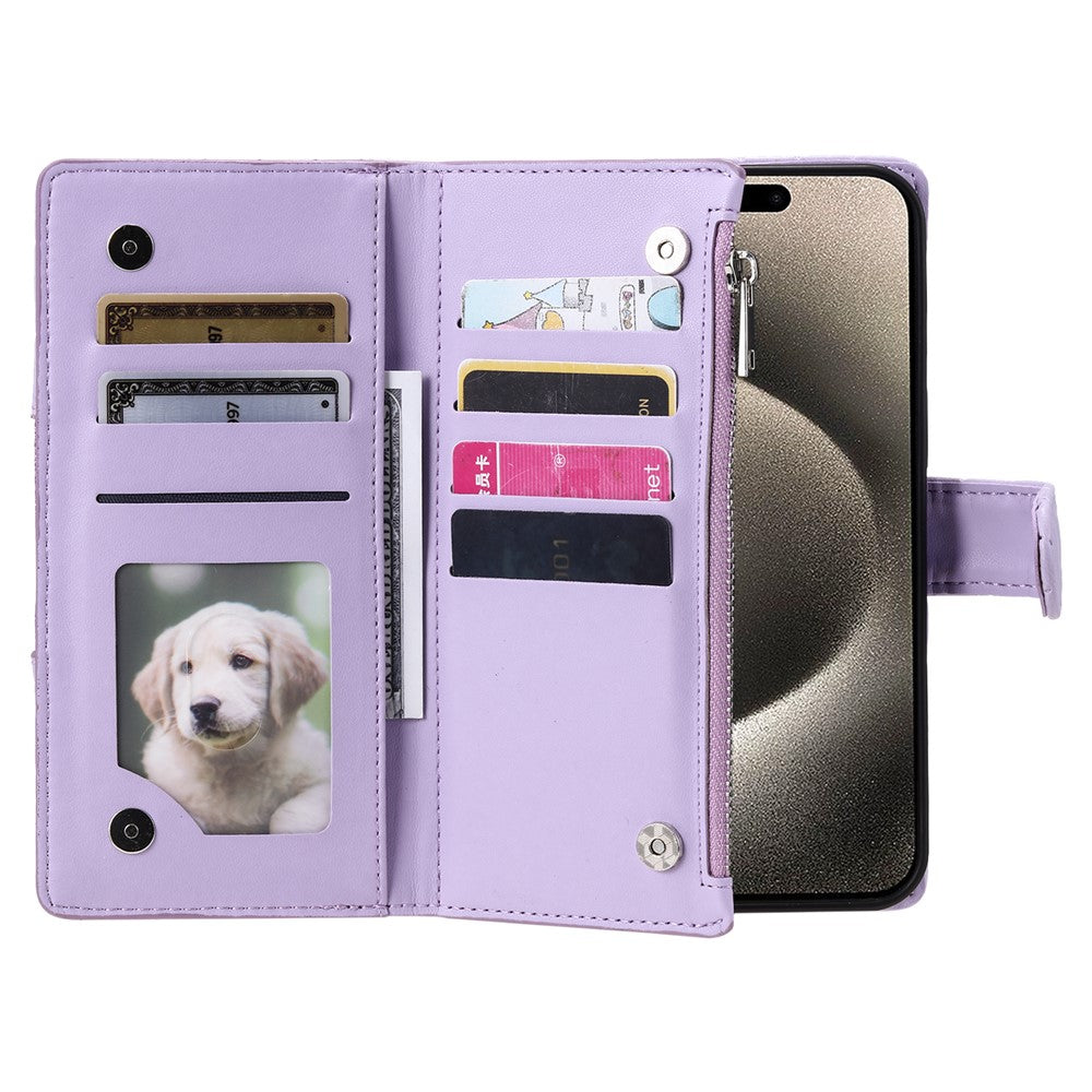 For iPhone 17 Pro Max Case Zipper Pocket Glitter Leather Phone Cover with Wrist Strap - Purple
