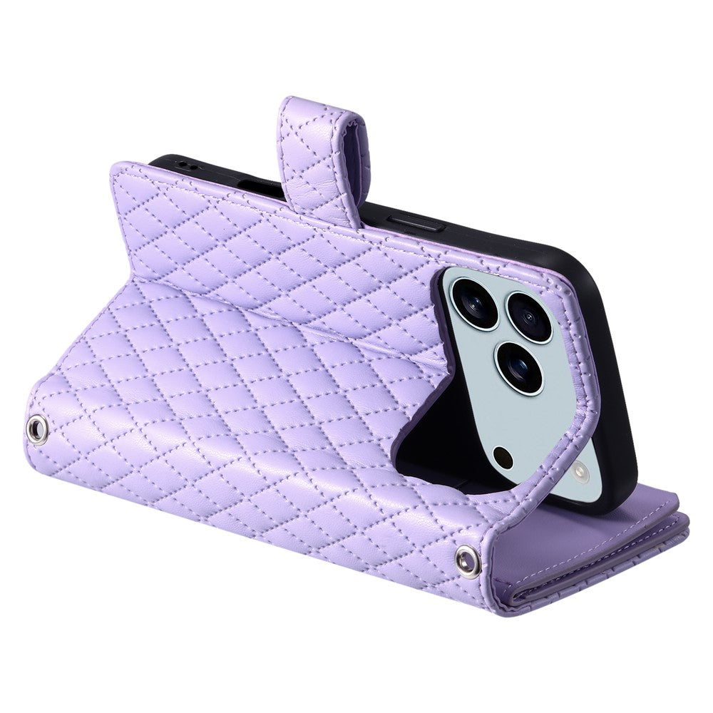 For iPhone 17 Pro Max Case Zipper Pocket Glitter Leather Phone Cover with Wrist Strap - Purple
