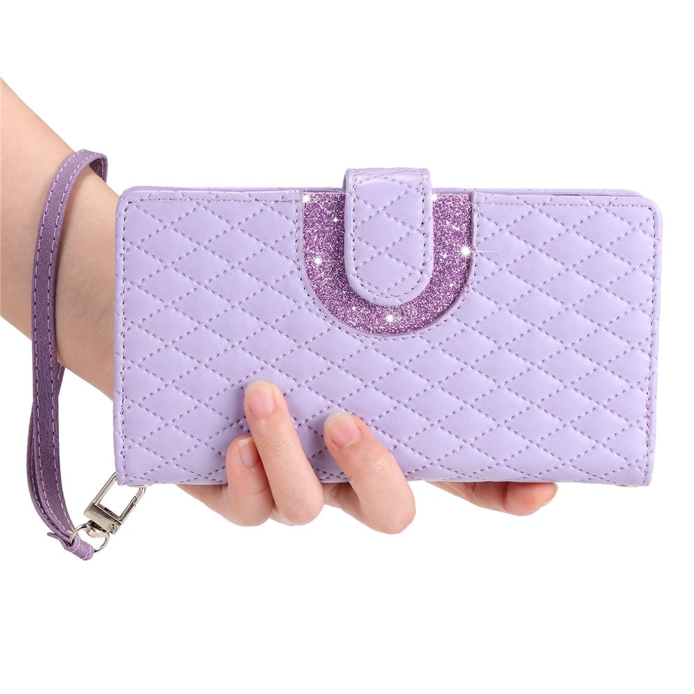 For iPhone 17 Pro Max Case Zipper Pocket Glitter Leather Phone Cover with Wrist Strap - Purple