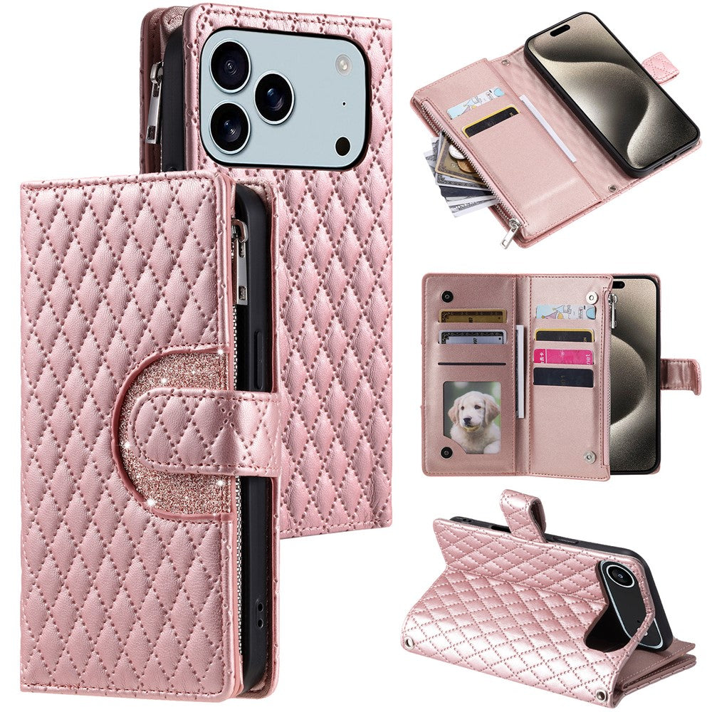 For iPhone 17 Pro Max Case Zipper Pocket Glitter Leather Phone Cover with Wrist Strap - Rose Gold