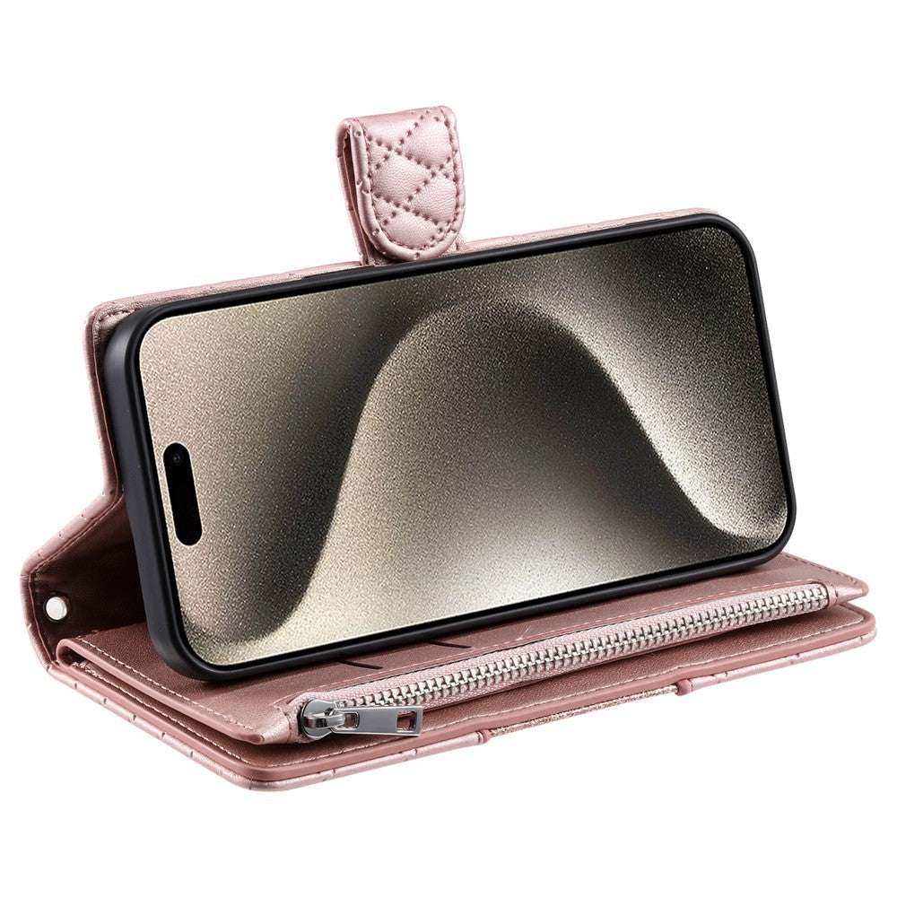 For iPhone 17 Pro Max Case Zipper Pocket Glitter Leather Phone Cover with Wrist Strap - Rose Gold