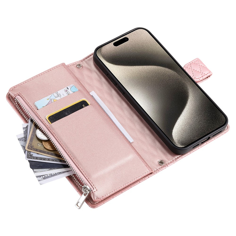 For iPhone 17 Pro Max Case Zipper Pocket Glitter Leather Phone Cover with Wrist Strap - Rose Gold