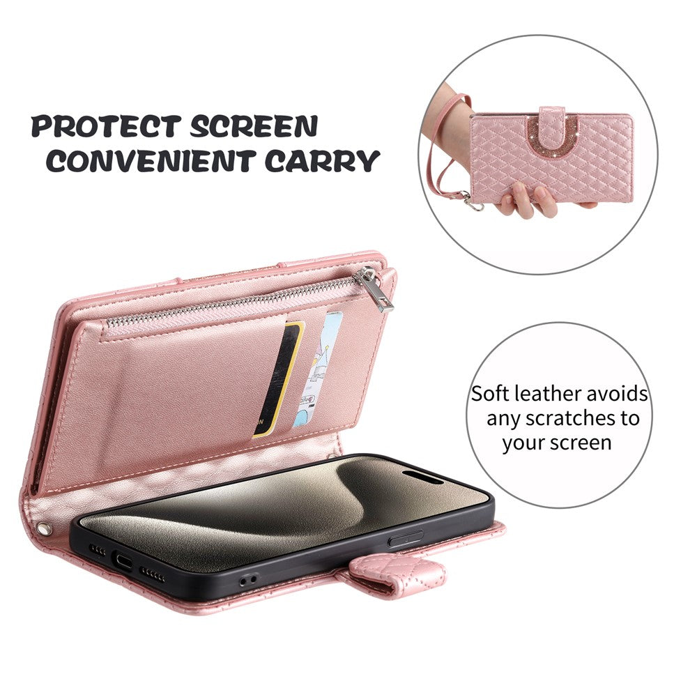 For iPhone 17 Pro Max Case Zipper Pocket Glitter Leather Phone Cover with Wrist Strap - Rose Gold