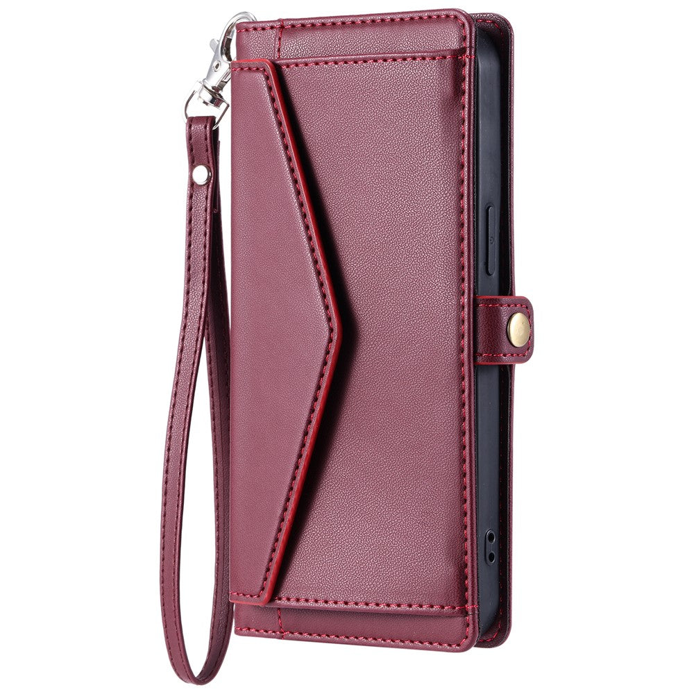 For iPhone 17 Pro Max Leather Case with Wrist Strap Wallet Stand Phone Cover - Wine Red