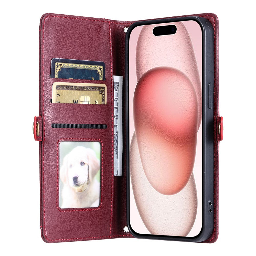 For iPhone 17 Pro Max Leather Case with Wrist Strap Wallet Stand Phone Cover - Wine Red