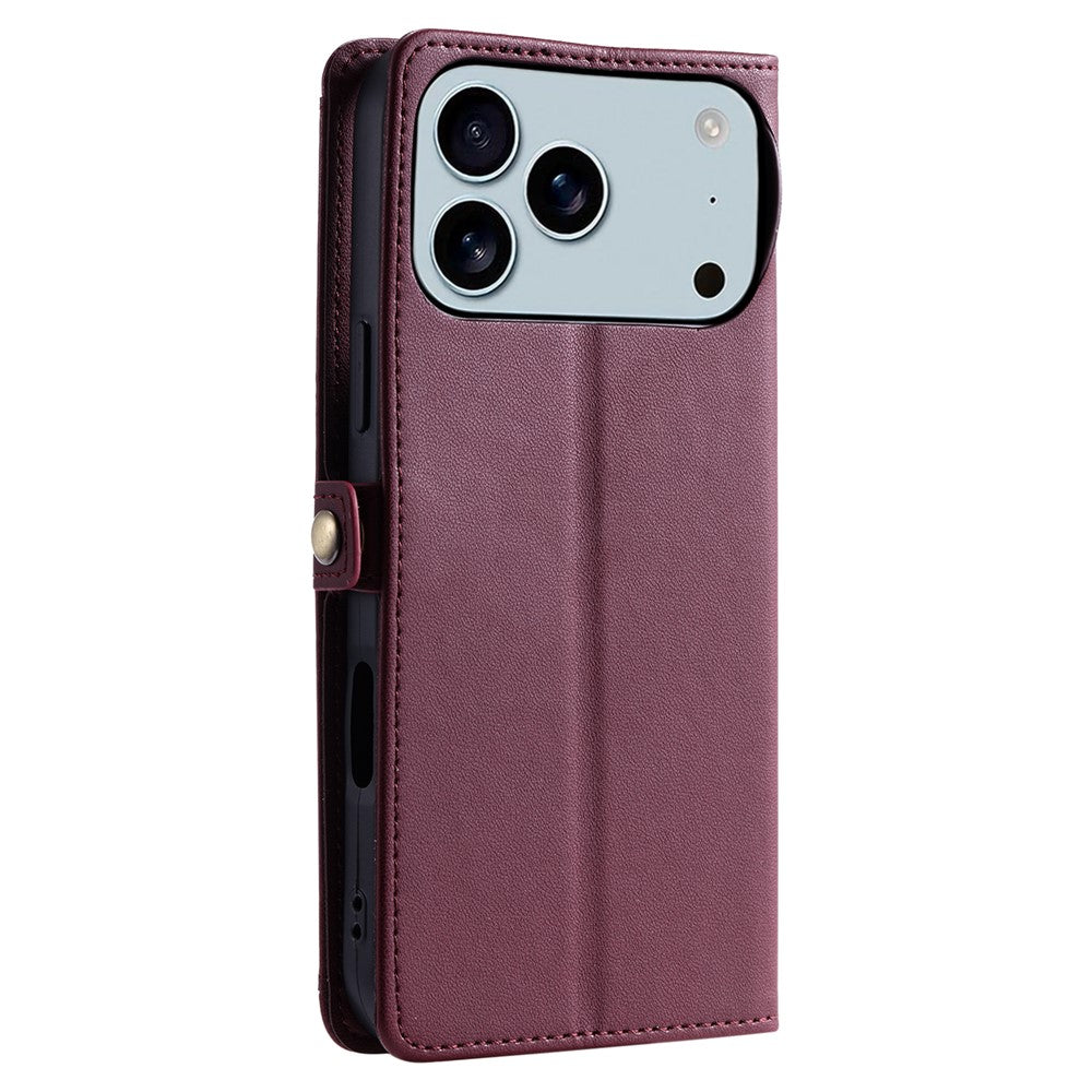 For iPhone 17 Pro Max Leather Case with Wrist Strap Wallet Stand Phone Cover - Wine Red