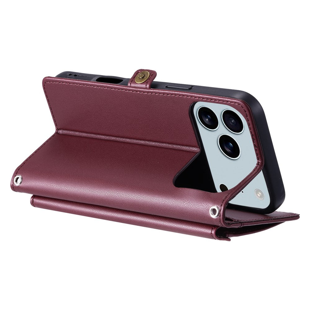 For iPhone 17 Pro Max Leather Case with Wrist Strap Wallet Stand Phone Cover - Wine Red