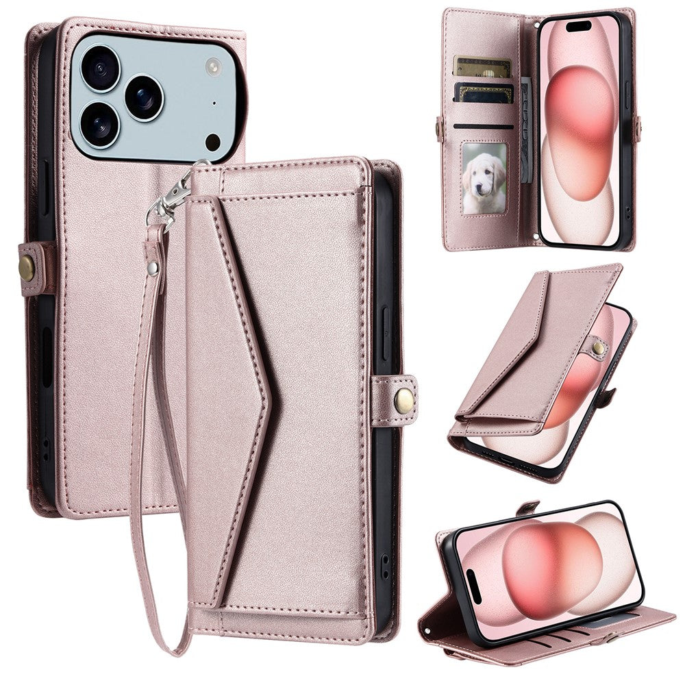 For iPhone 17 Pro Max Leather Case with Wrist Strap Wallet Stand Phone Cover - Rose Gold