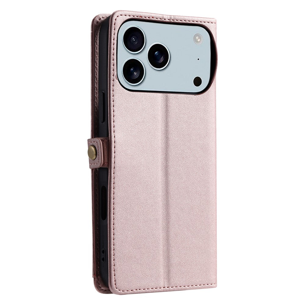 For iPhone 17 Pro Max Leather Case with Wrist Strap Wallet Stand Phone Cover - Rose Gold