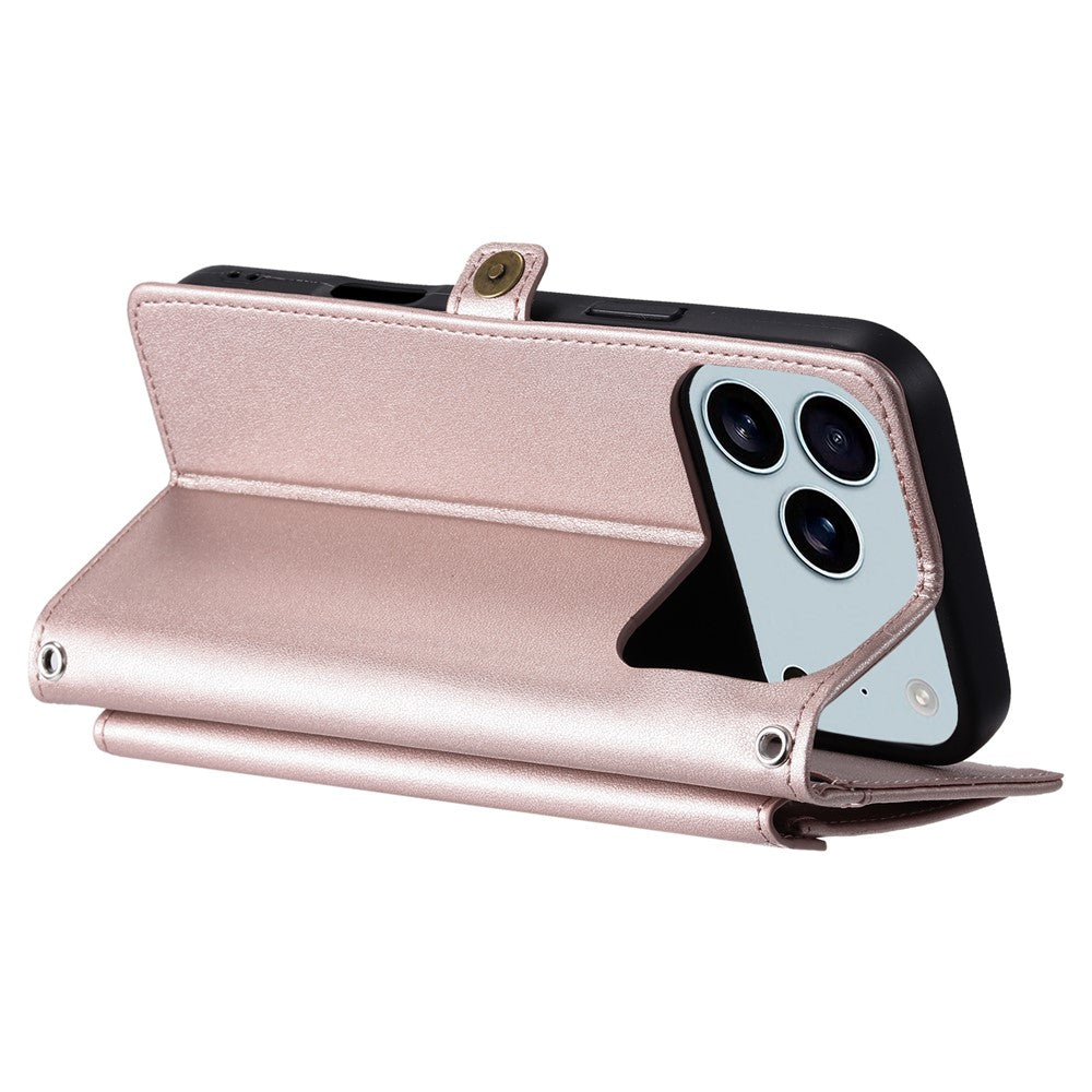 For iPhone 17 Pro Max Leather Case with Wrist Strap Wallet Stand Phone Cover - Rose Gold